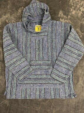 Iguana Jack Baja Hoodie Mexican Pullover Blue Black Striped Mens L